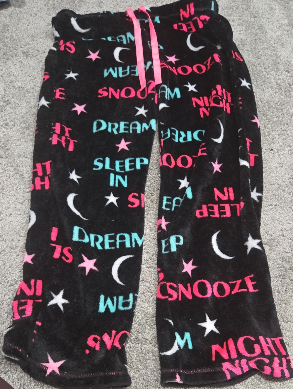 Sz L (12-14) Womens Black Fleece Pajama Pants with Pink & Teal Sleep Print